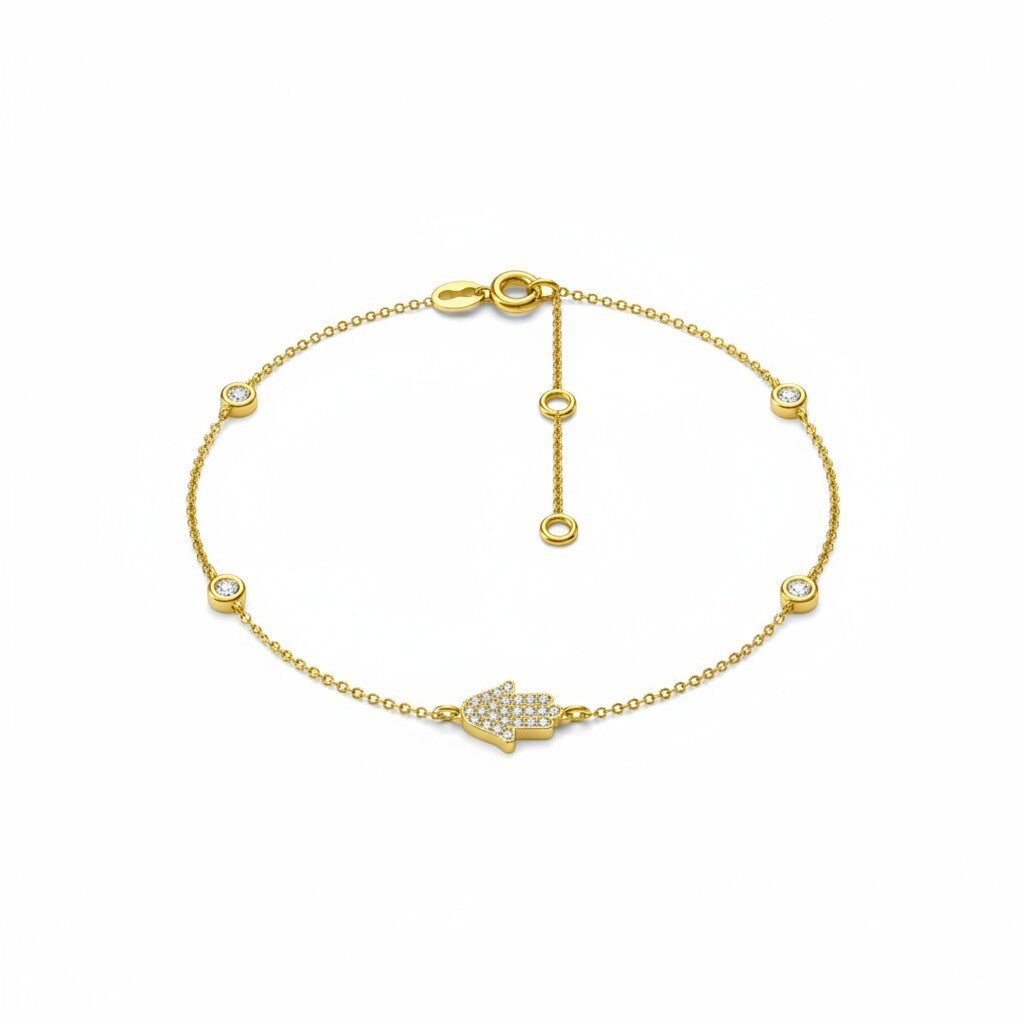 Hamsa bracelet in 14k gold featuring .12 ct diamonds and adjustable sizing, perfect for gifting on special occasions.