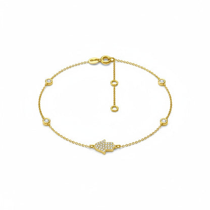 Hamsa bracelet in 14k gold featuring .12 ct diamonds and adjustable sizing, perfect for gifting on special occasions.