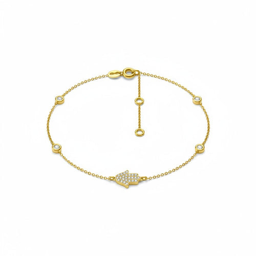 Hamsa bracelet in 14k gold featuring .12 ct diamonds and adjustable sizing, perfect for gifting on special occasions.