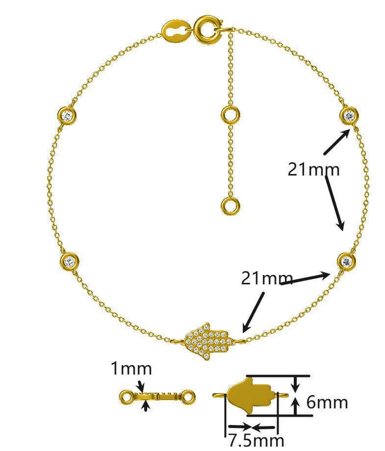 Hamsa Hand Bracelet With Diamonds in 14k Gold | Adjustable Length