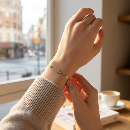 Hamsa Hand Bracelet With Diamonds in 14k Gold | Adjustable Length