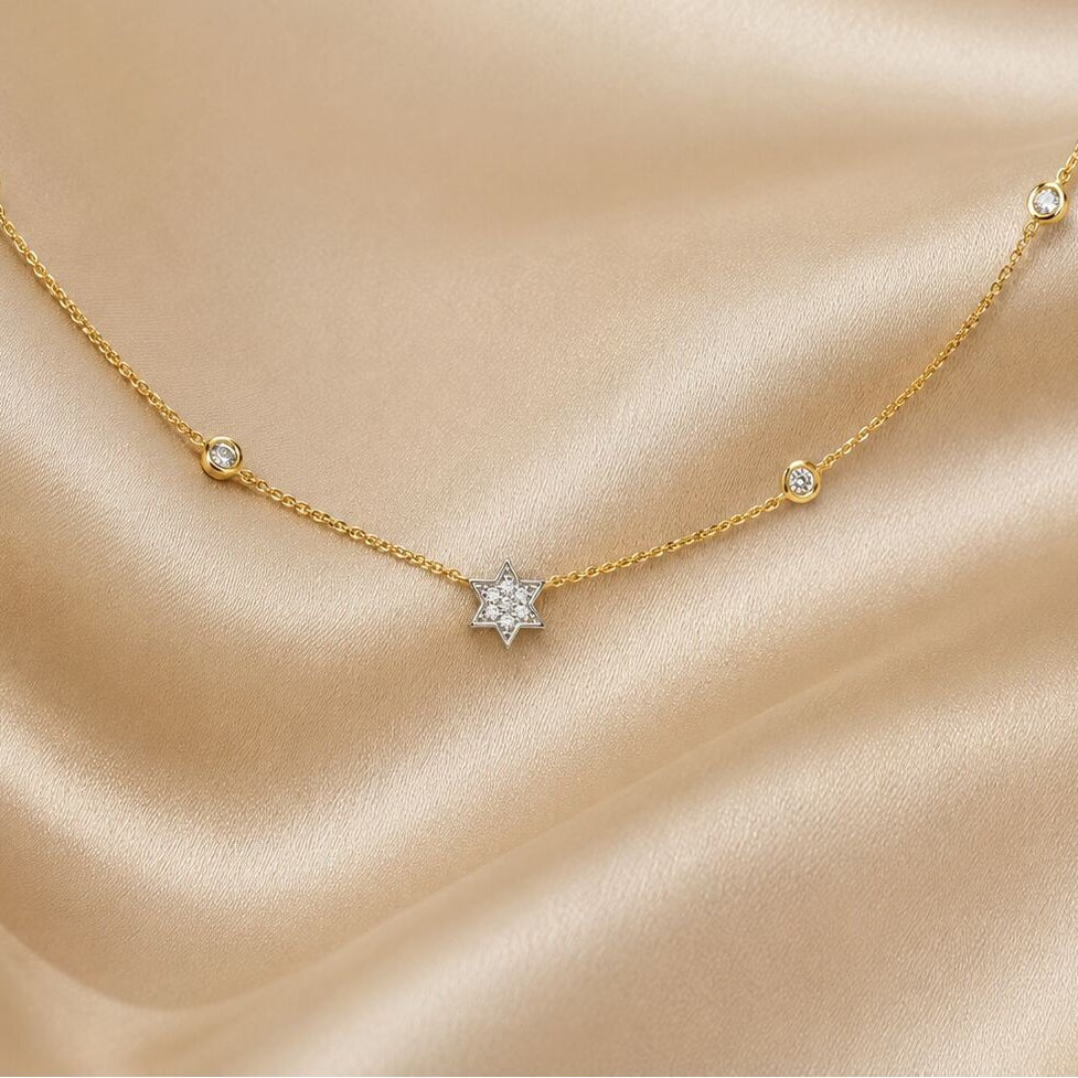 Jewish Star Diamond Bezel Necklace - 14k Gold, .14ct Diamonds, Timeless Elegance