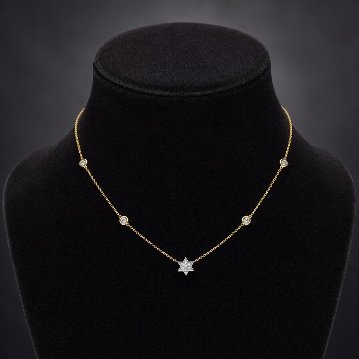 Jewish Star Diamond Bezel Necklace - 14k Gold, .14ct Diamonds, Timeless Elegance