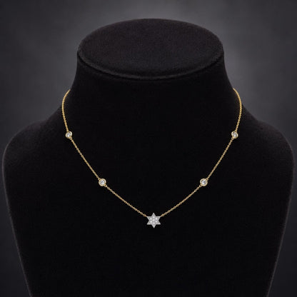 Jewish Star Diamond Bezel Necklace - 14k Gold, .14ct Diamonds, Timeless Elegance