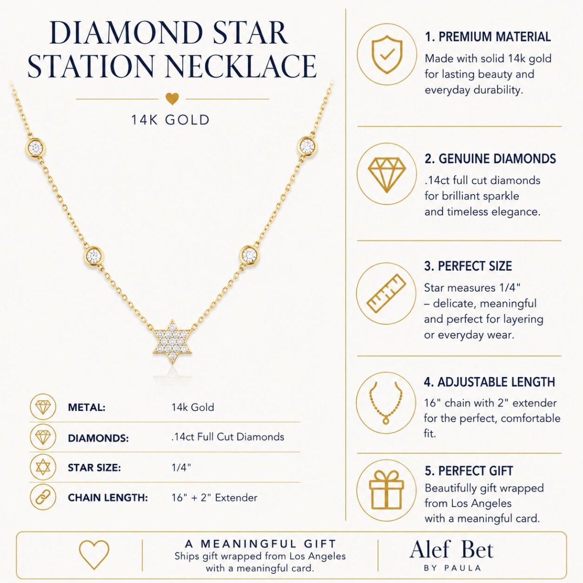 Jewish Star Diamond Bezel Necklace - 14k Gold, .14ct Diamonds, Timeless Elegance