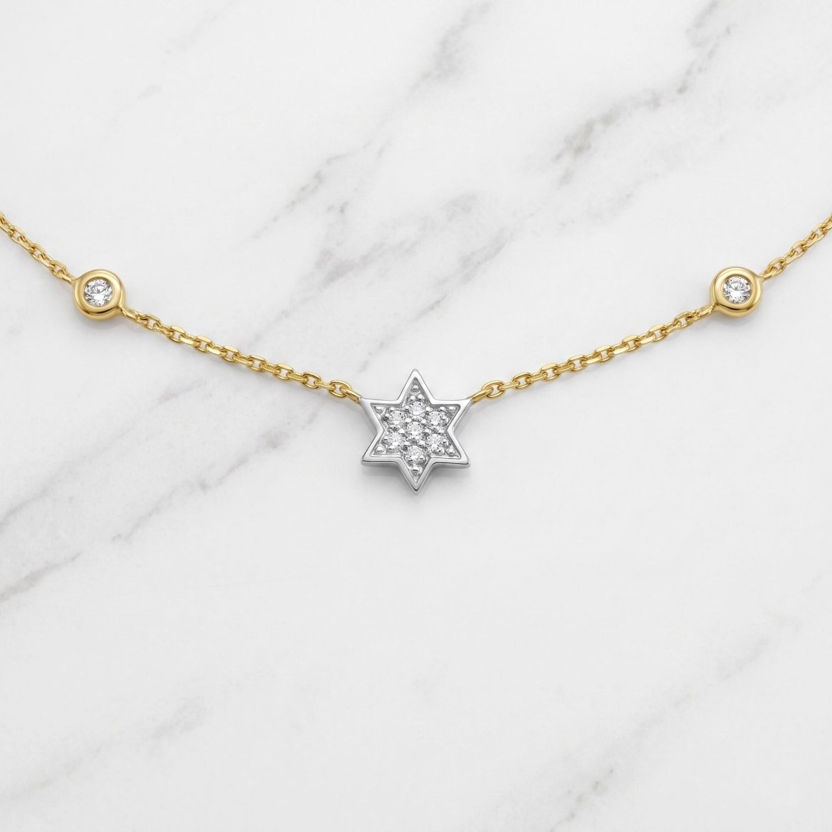 Jewish Star Diamond Bezel Necklace - 14k Gold, .14ct Diamonds, Timeless Elegance