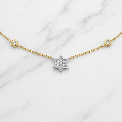 Jewish Star Diamond Bezel Necklace - 14k Gold, .14ct Diamonds, Timeless Elegance