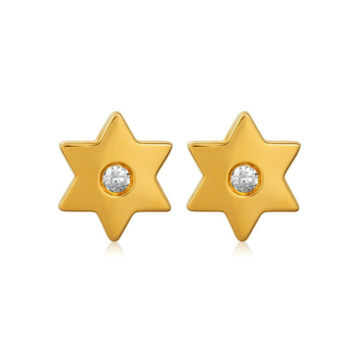 Star of David stud earrings in 14k yellow gold with pave diamond accents by Alef Bet