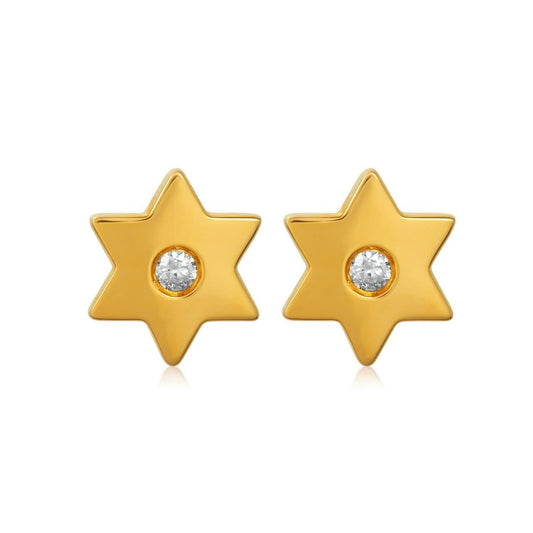 Star of David stud earrings in 14k yellow gold with pave diamond accents by Alef Bet