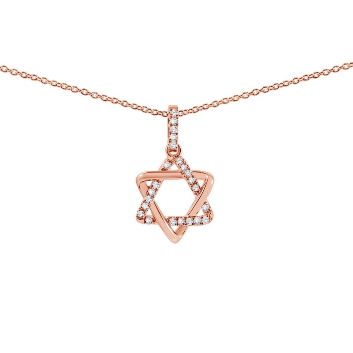 Pave diamond Jewish star necklace in 14k rose gold with 18 inch chain by Alef Bet