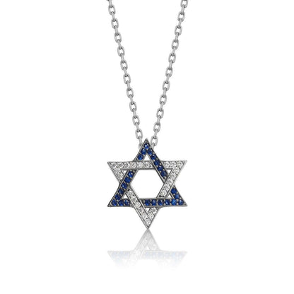 Israel Flag Jewish Star necklace featuring a gold-plated silver pendant with blue and white cubic zirconia, symbolizing pride and identity.