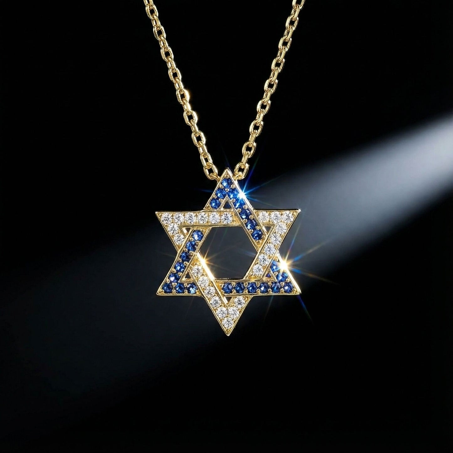 Gold-plated Israel Flag Jewish Star necklace with cubic zirconia, symbolizing pride and connection to Israel, adjustable chain included.