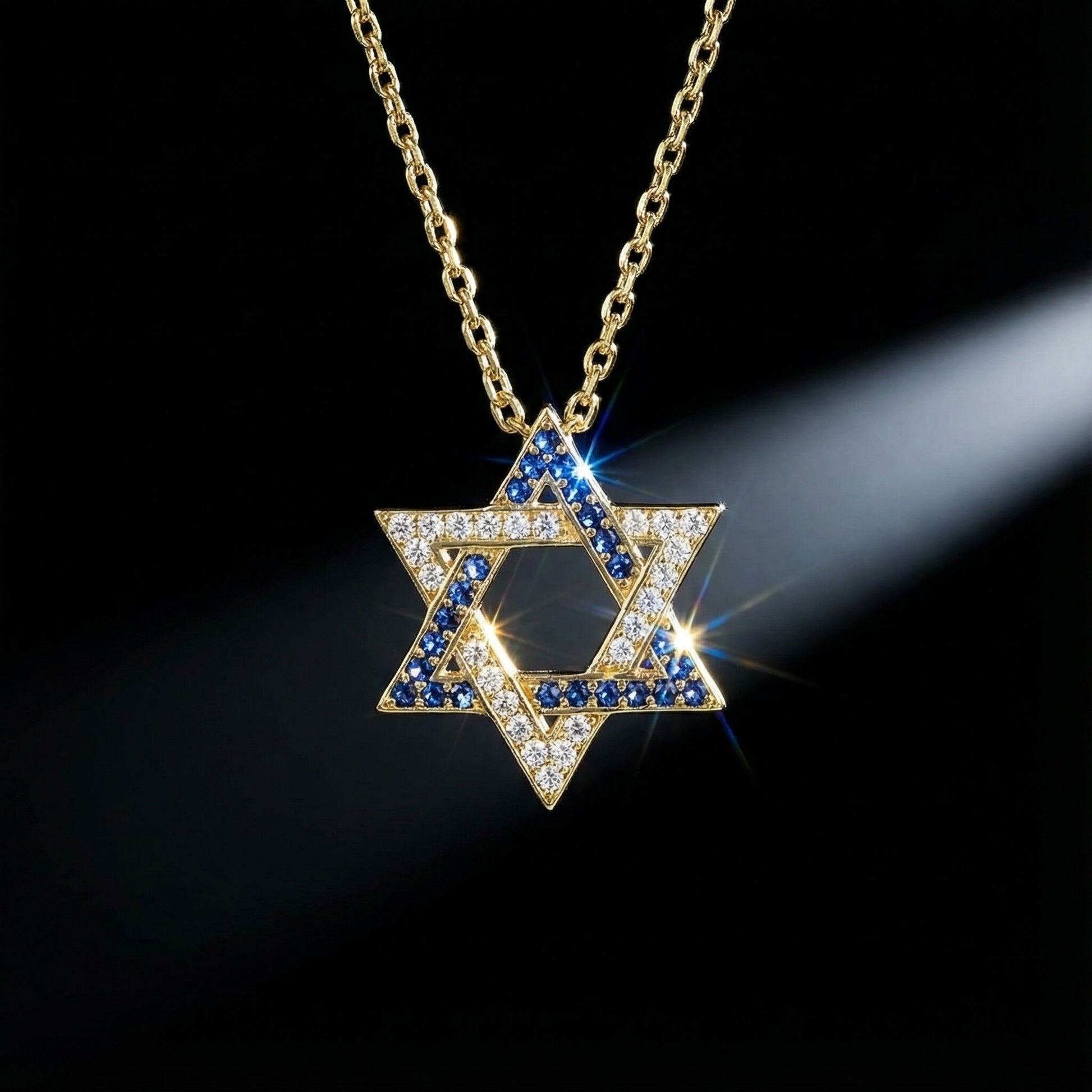 Gold-plated Israel Flag Jewish Star necklace with cubic zirconia, symbolizing pride and connection to Israel, adjustable chain included.