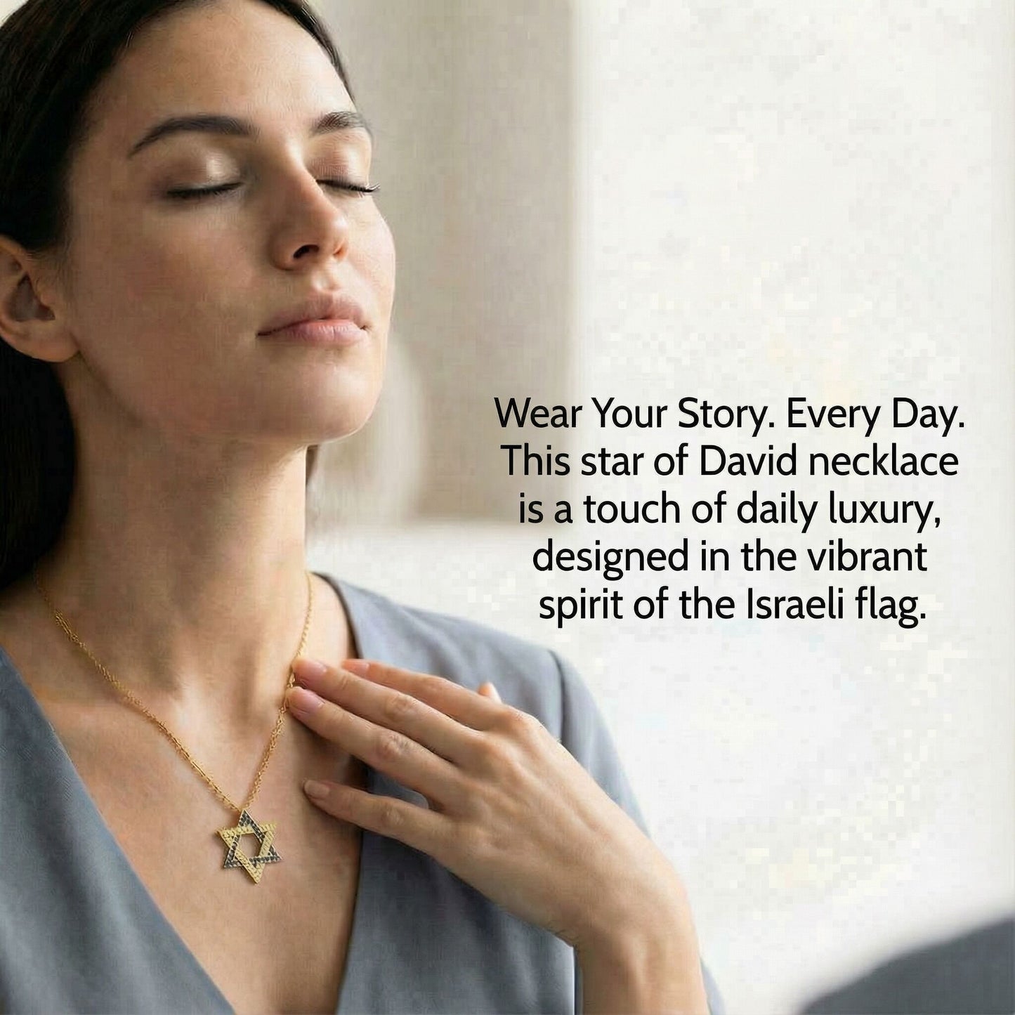 Gold-plated Star of David necklace with blue and white cubic zirconia, representing the Israeli flag; adjustable chain included.