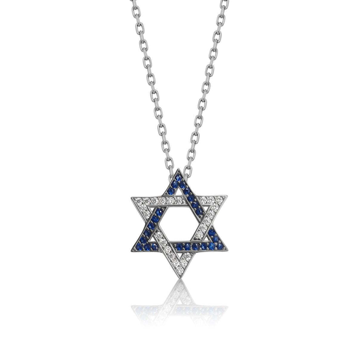 Israel Flag Jewish Star necklace, gold-plated over silver with blue and white cubic zirconia, symbolizes pride and connection to Israel.