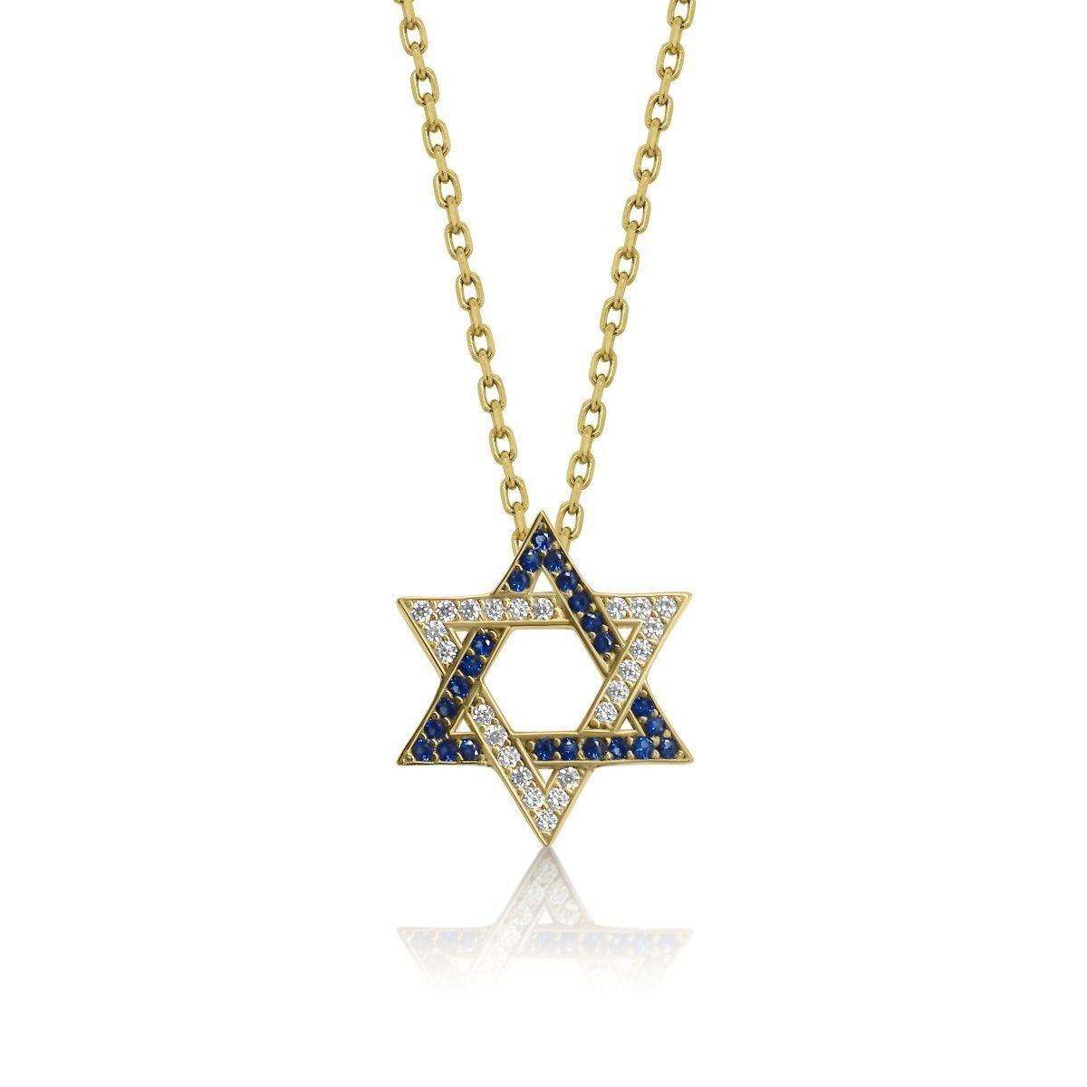 Israel Flag Jewish Star necklace featuring a gold-plated pendant with blue and white cubic zirconia, a symbol of pride and connection.