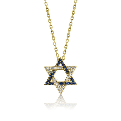 Israel Flag Jewish Star necklace featuring a gold-plated pendant with blue and white cubic zirconia, a symbol of pride and connection.