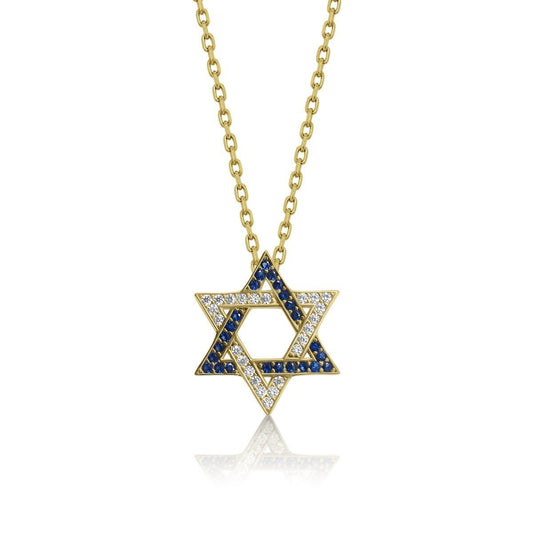 Israel Flag Jewish Star necklace featuring a gold-plated pendant with blue and white cubic zirconia, a symbol of pride and connection.