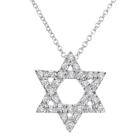Jewish star necklace in white gold with pave-set diamonds by Alef Bet