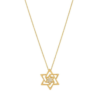 Jewish Star of David Abstract Sculptural Necklace in Solid 14k Yellow Gold, wearable fine art that speaks faith and identity