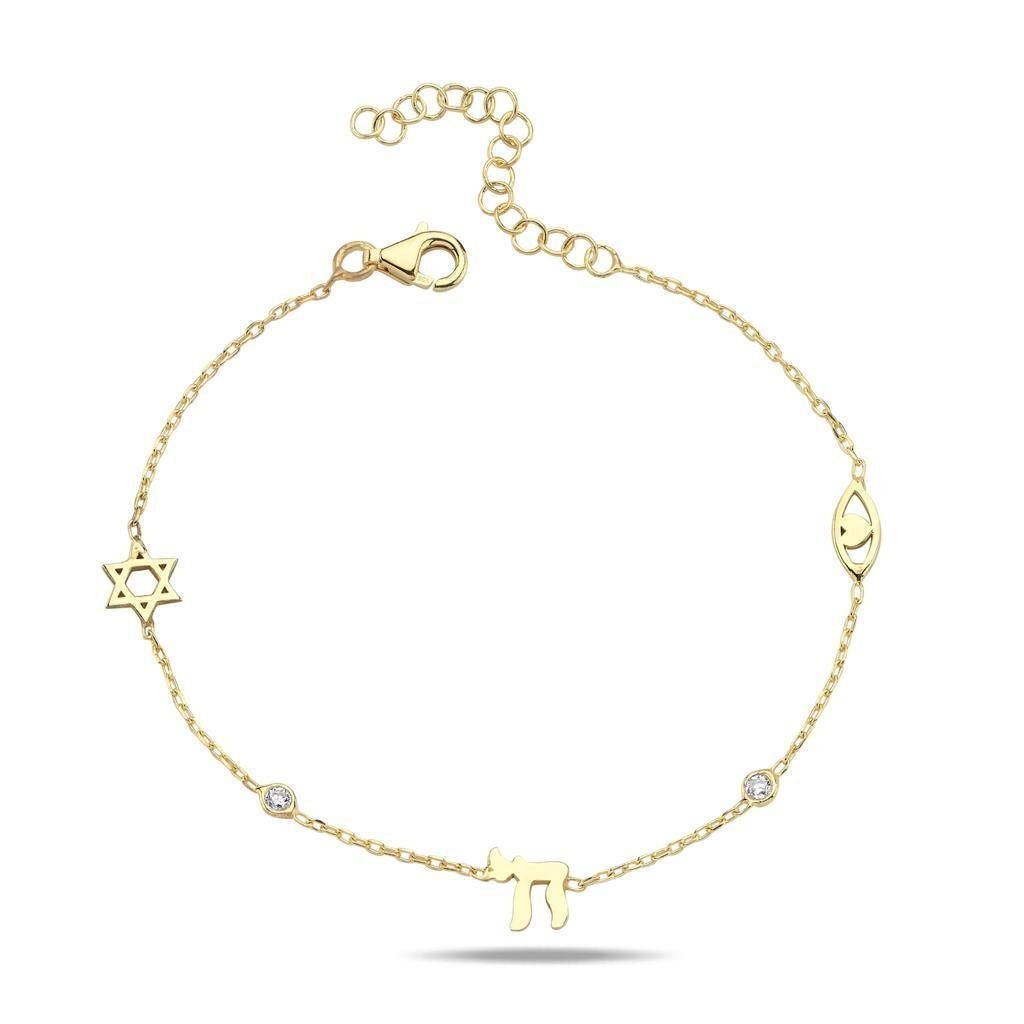 Jewish Star of David Chai Evil Eye Charm Bracelet in Sterling Silver 925, symbols of faith worn every day