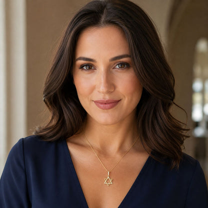 Jewish Star of David Diamond Necklace in 14k Yellow Gold, 29 diamonds of faith and brilliance