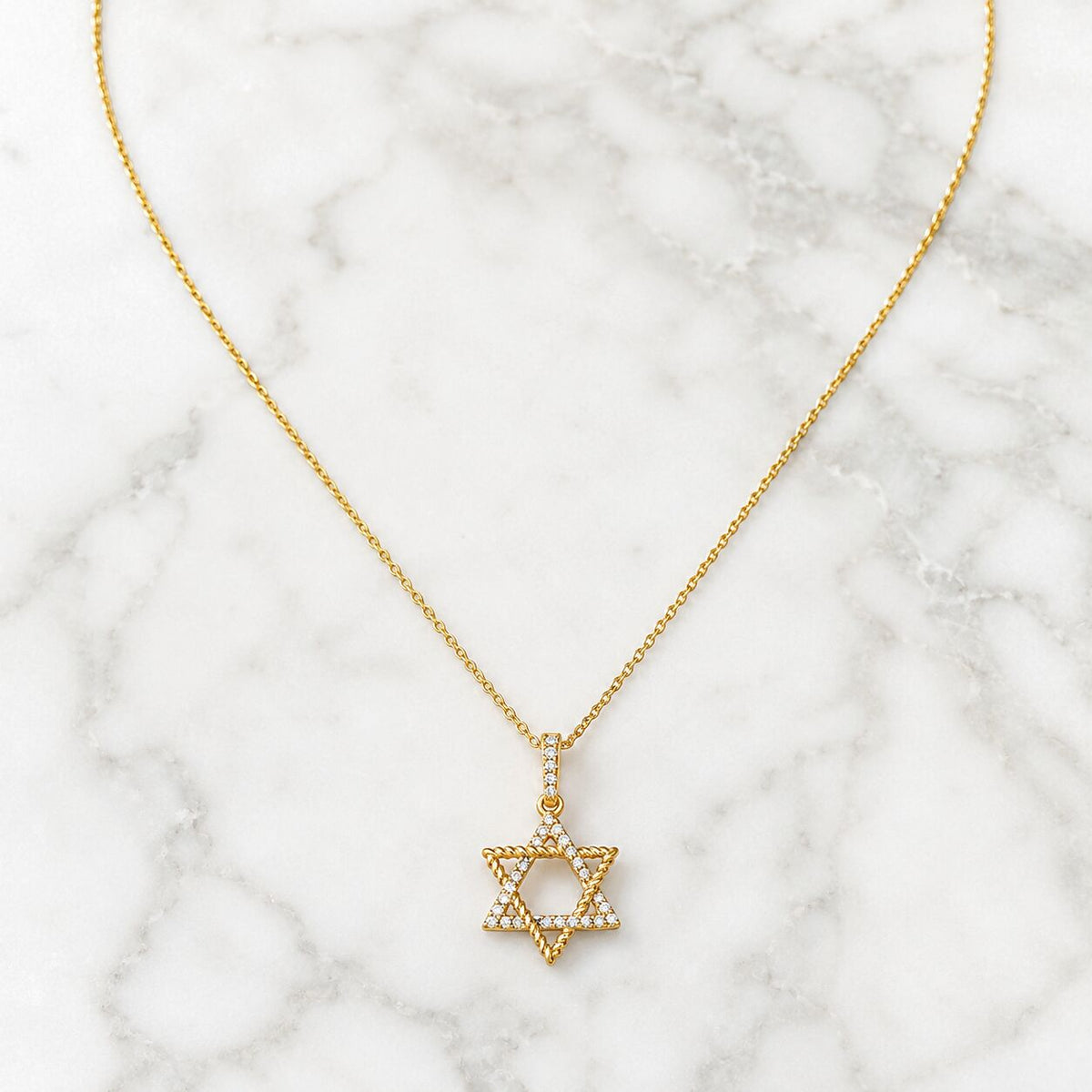 Jewish Star of David Diamond Necklace in 14k Yellow Gold, 29 diamonds of faith and brilliance