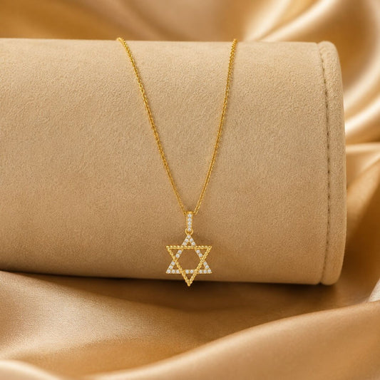 Jewish Star of David Diamond Necklace in 14k Yellow Gold, 29 diamonds of faith and brilliance