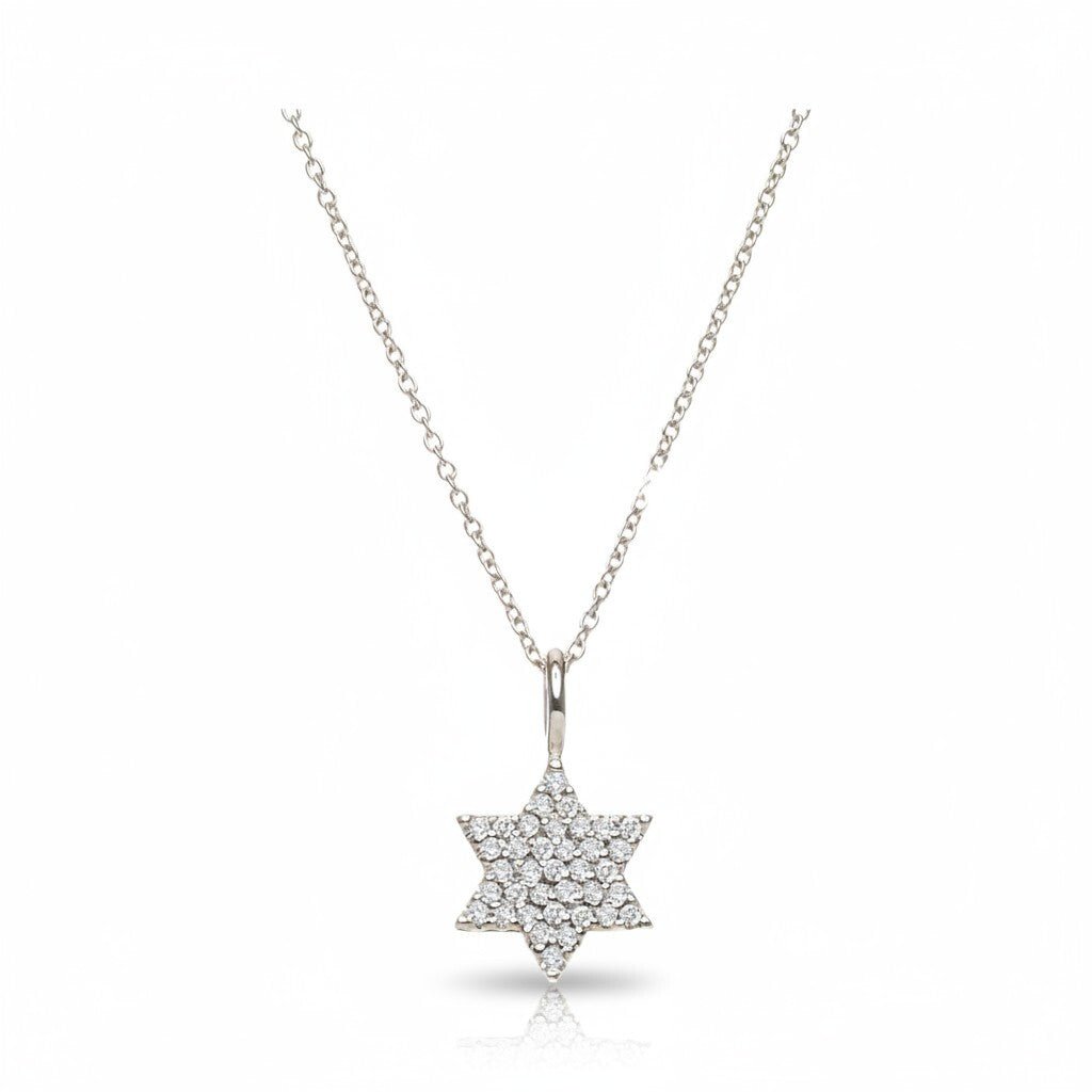 Jewish Star of David Diamond Necklace in Solid 14k White Gold, effortless everyday elegance