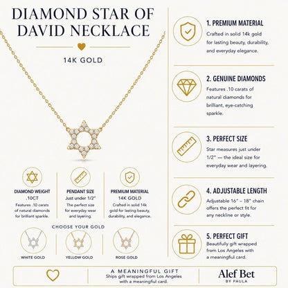 Jewish Star of David Diamond Necklace in Solid 14k Yellow Gold, light enough to forget you're wearing it