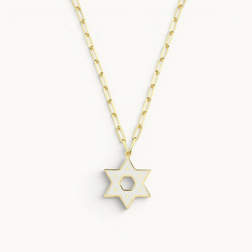Jewish Star of David Enamel Necklace in 14k Yellow Gold Plated Sterling Silver 925, wear your heritage loud and proud on a long layerable paperclip chain