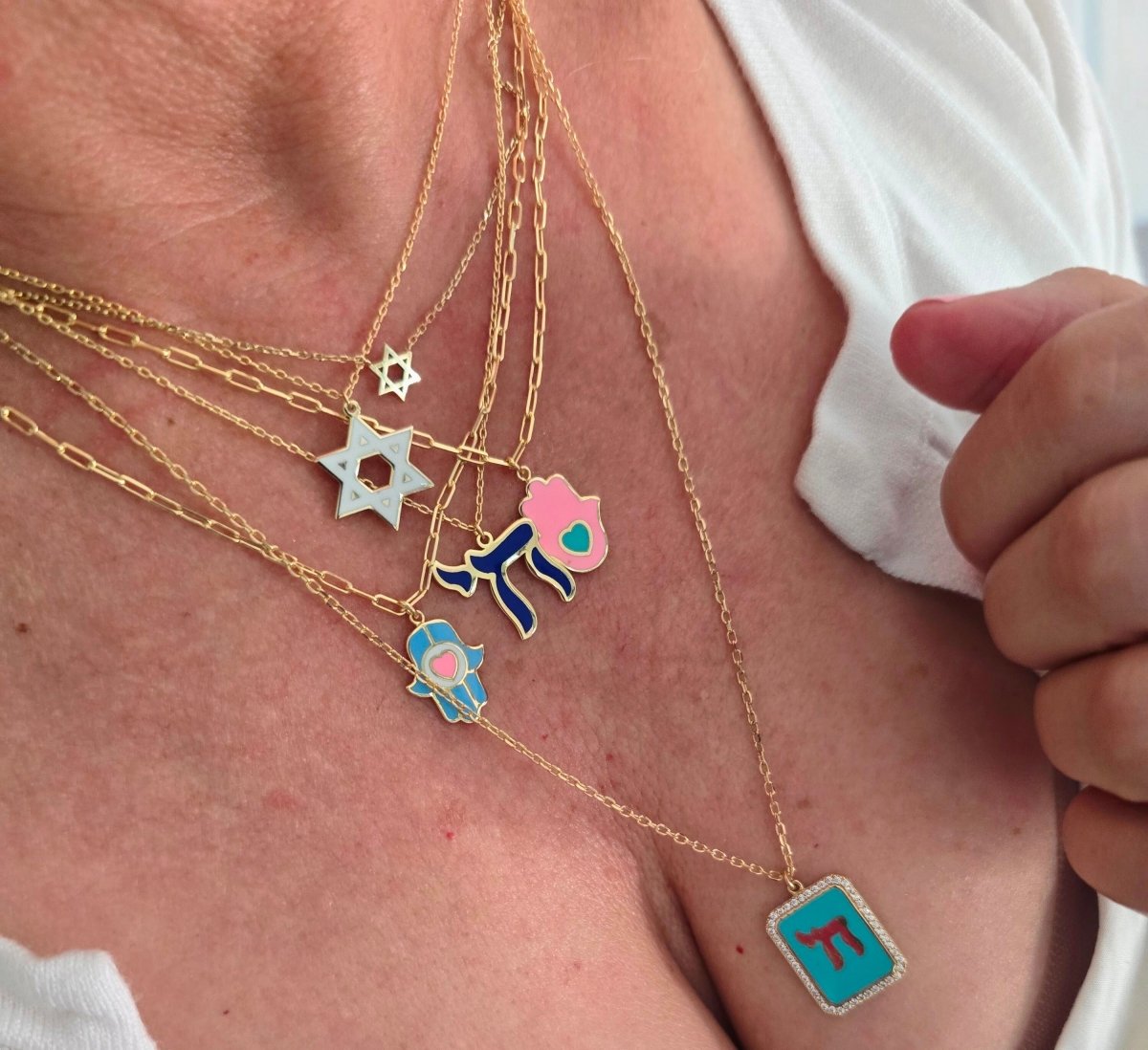 Jewish Star of David Enamel Necklace in 14k Yellow Gold Plated Sterling Silver 925, wear your heritage loud and proud on a long layerable paperclip chain