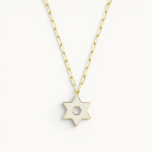 Jewish Star of David Enamel Necklace in 14k Yellow Gold Plated Sterling Silver 925, wear your heritage loud and proud on a long layerable paperclip chain