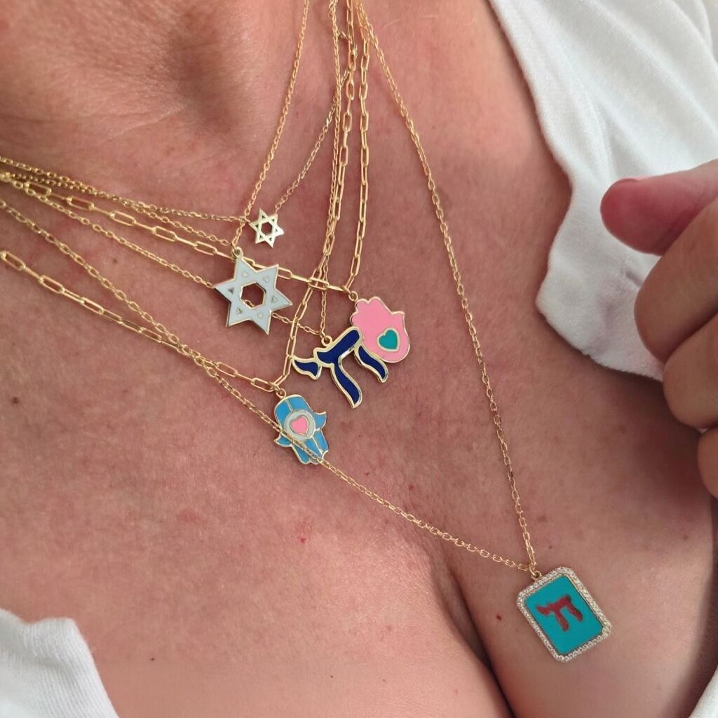Jewish Star of David Enamel Necklace in 14k Yellow Gold Plated Sterling Silver 925, wear your heritage loud and proud on a long layerable paperclip chain