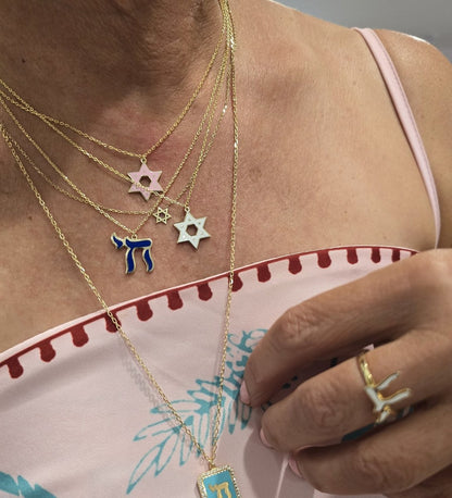 Jewish Star of David Enamel Necklace in 14k Yellow Gold Plated Sterling Silver 925, wear your heritage loud and proud on a long layerable paperclip chain