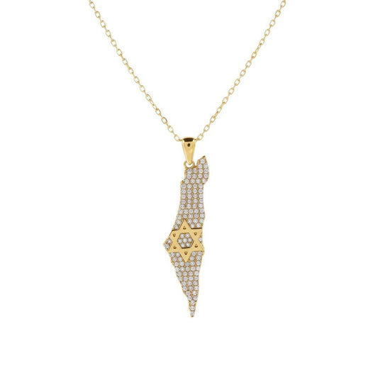 Jewish Star of David Israel Map Necklace in Sterling Silver 925, fully pavé cubic zirconia that turns every head