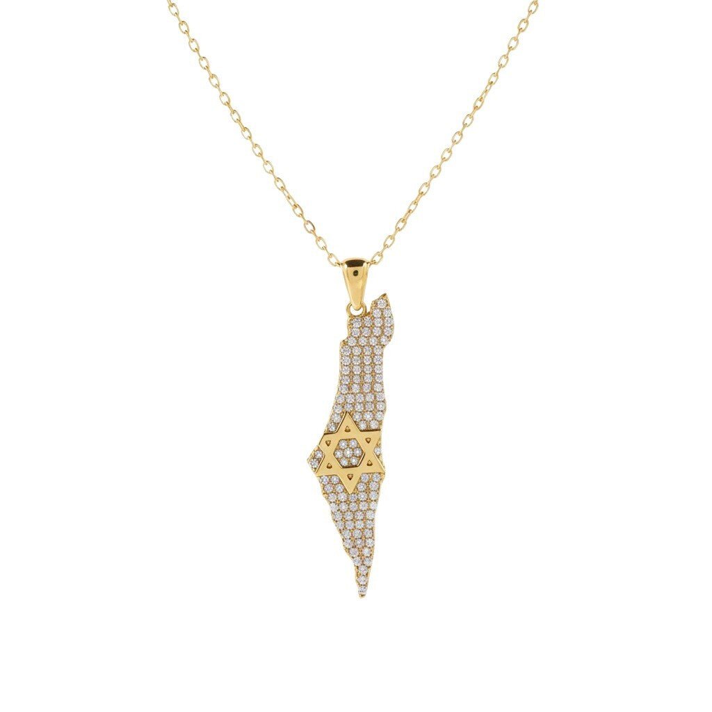 Jewish Star of David Israel Map Necklace in Sterling Silver 925, fully pavé cubic zirconia that turns every head