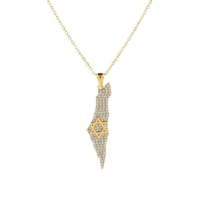 Jewish Star of David Israel Map Necklace in Sterling Silver 925, fully pavé cubic zirconia that turns every head
