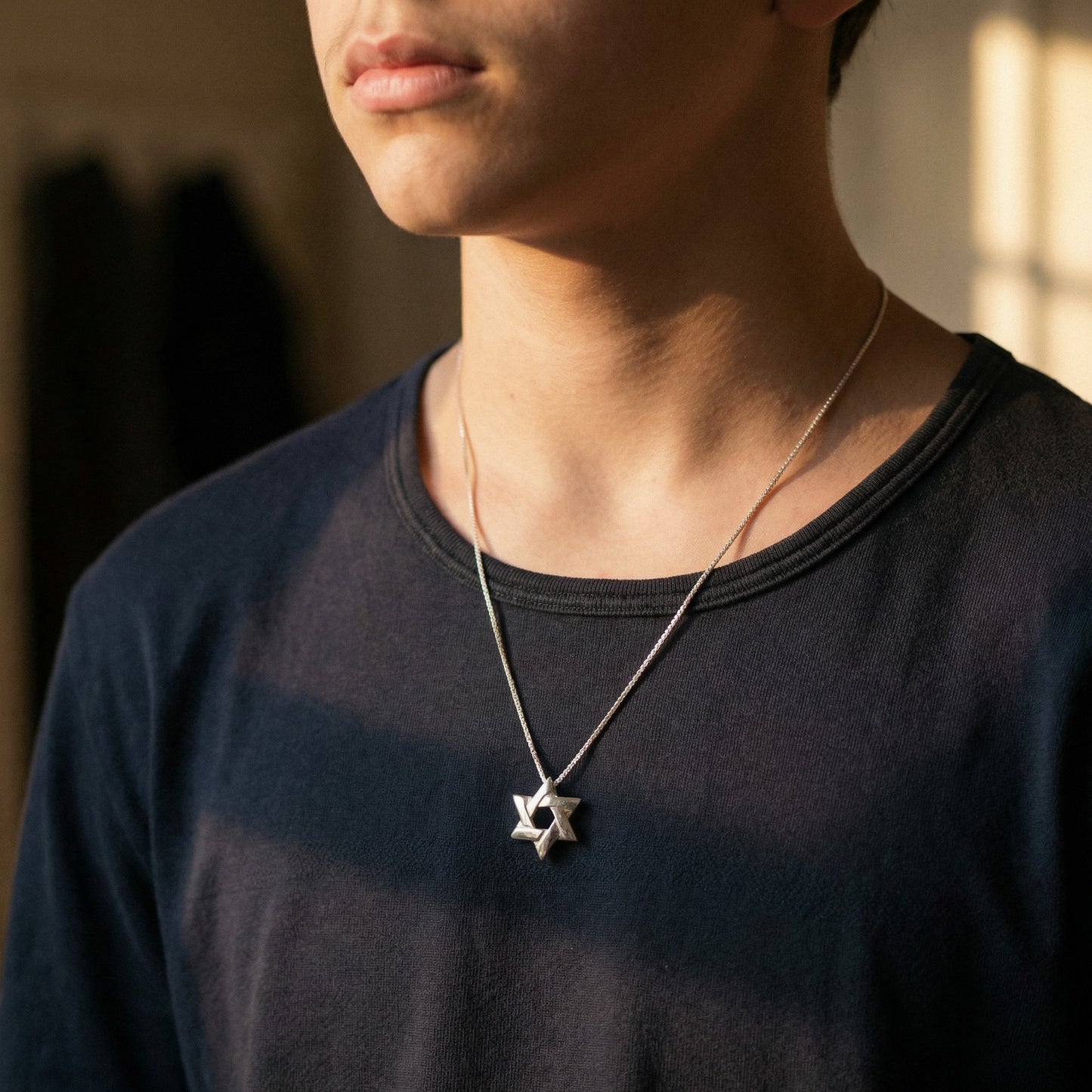 Linear Jewish star pendant on 16" rolo chain in polished silver by Alef Bet
