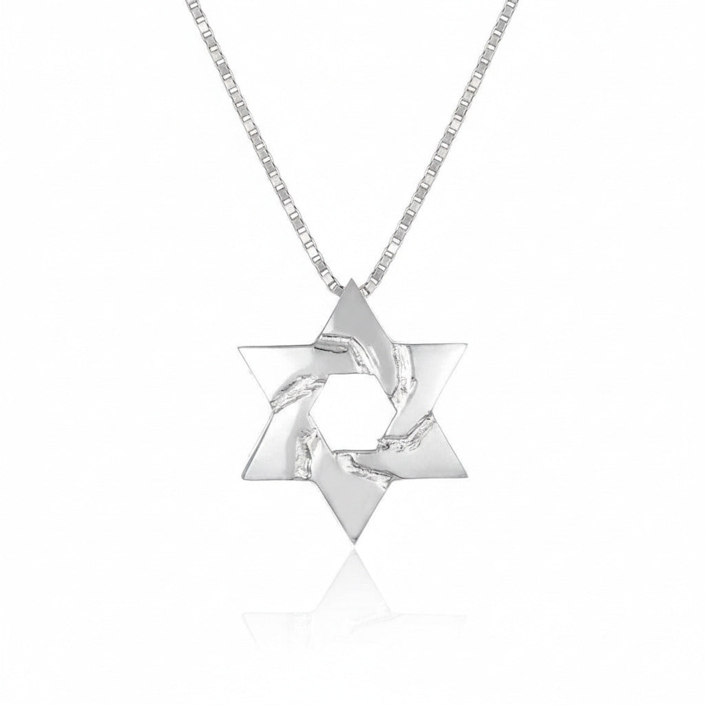 Star of David necklace in sterling silver with linear geometric design by Alef Bet