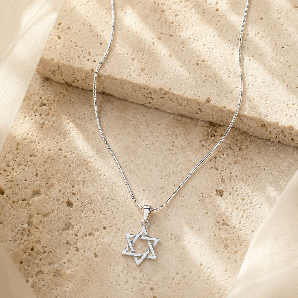 Mens Star of David pendant necklace in sterling silver with dimensional layered triangles by Alef Bet