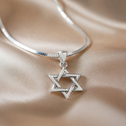 Mens necklace in sterling silver with raised Star of David pendant and contemporary angle by Alef Bet