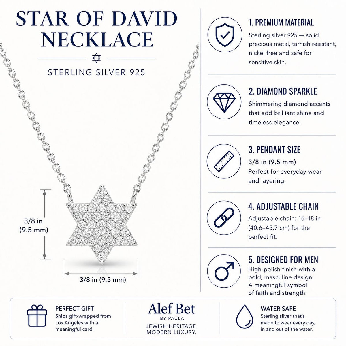 Star of David in sterling silver with pave CZ and delicate rolo chain by Alef Bet