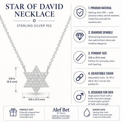 Star of David in sterling silver with pave CZ and delicate rolo chain by Alef Bet