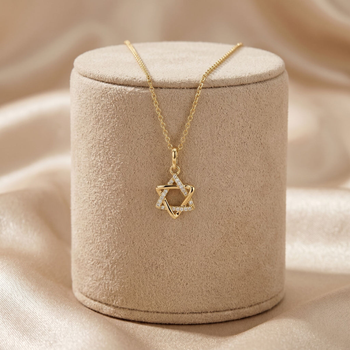 14k gold Jewish star necklace with pavé diamonds, alternate angle by Alef Bet
