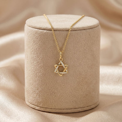 14k gold Jewish star necklace with pavé diamonds, alternate angle by Alef Bet