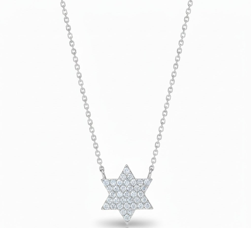 Jewish Star of David Pavé Cubic Zirconia Necklace in Sterling Silver 925, wear your faith in full sparkle every day