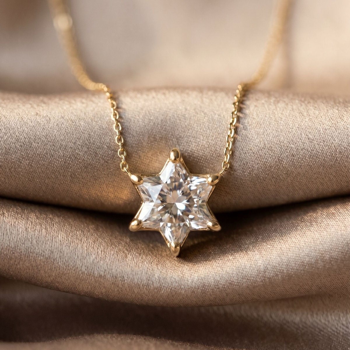 Jewish Star of David Pendant in Solid 14k Yellow Gold, One Hand Cut Lab Grown Diamond Shaped Into the Star