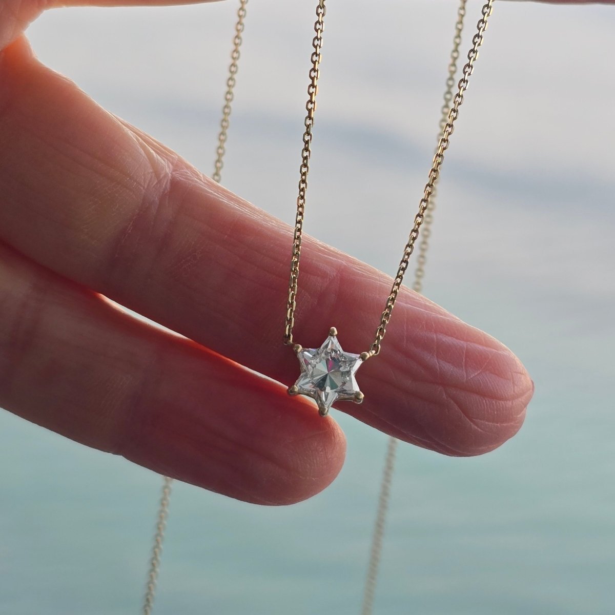 Jewish Star of David Pendant in Solid 14k Yellow Gold, One Hand Cut Lab Grown Diamond Shaped Into the Star