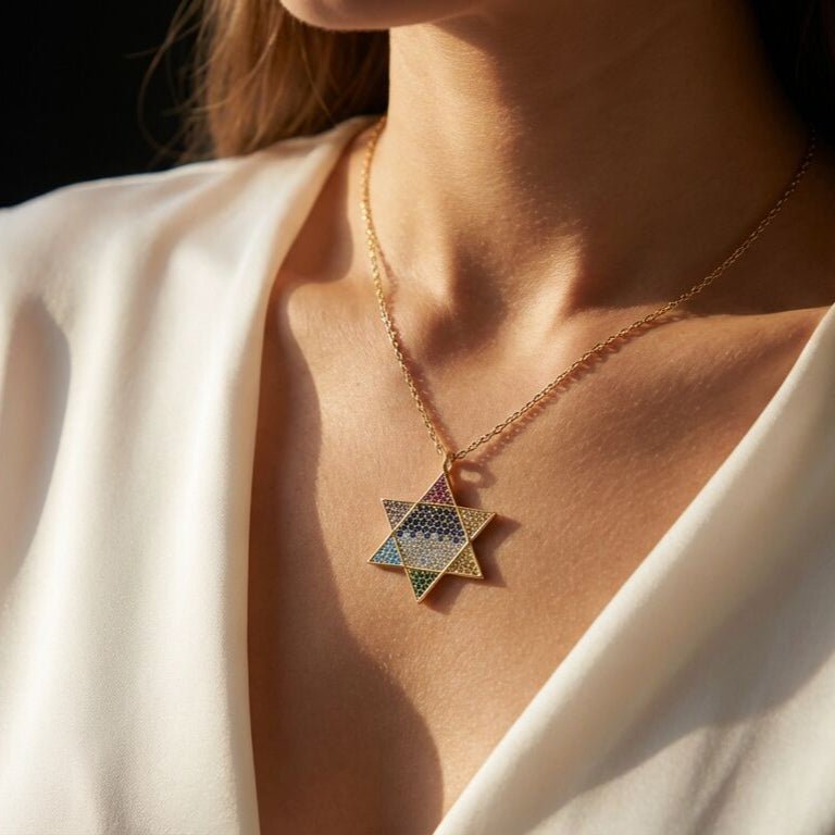 Jewish Star of David Rainbow CZ Necklace in 14k Yellow Gold Plated Sterling Silver 925, sparkling faith you will wear every day